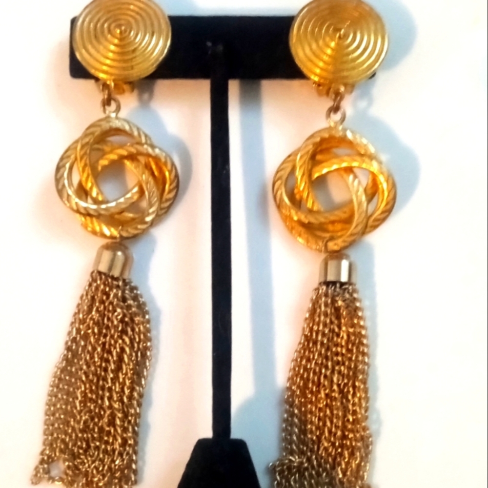Extra long signed Miriam Haskell shoulder duster earrings gold plate